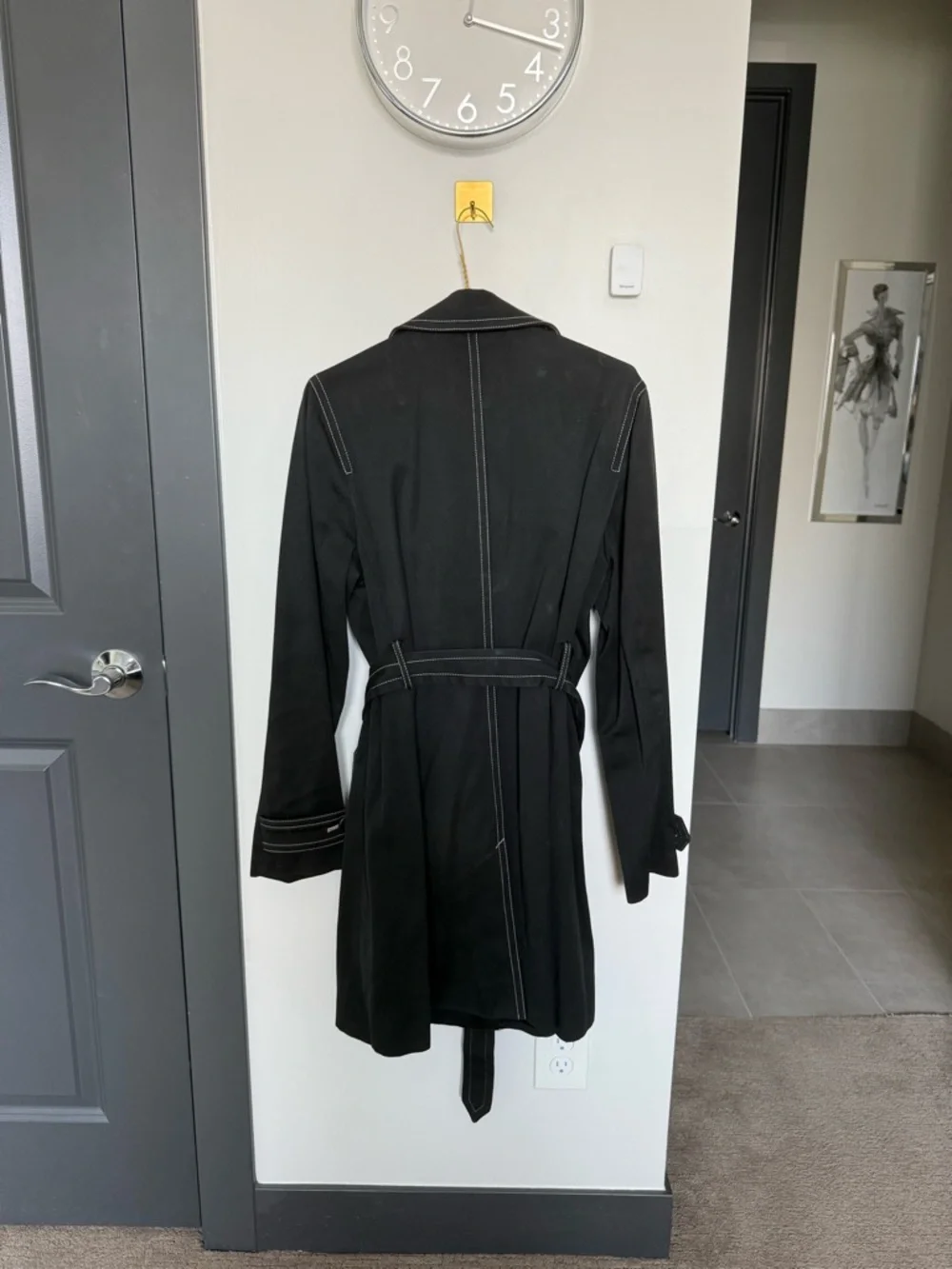 Vintage Banana Republic Black Cotton Trench Coat Contrast Stitch Belted L